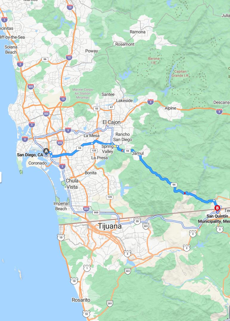 driving from San Diego, California to San QuintinBaja California - map and route
