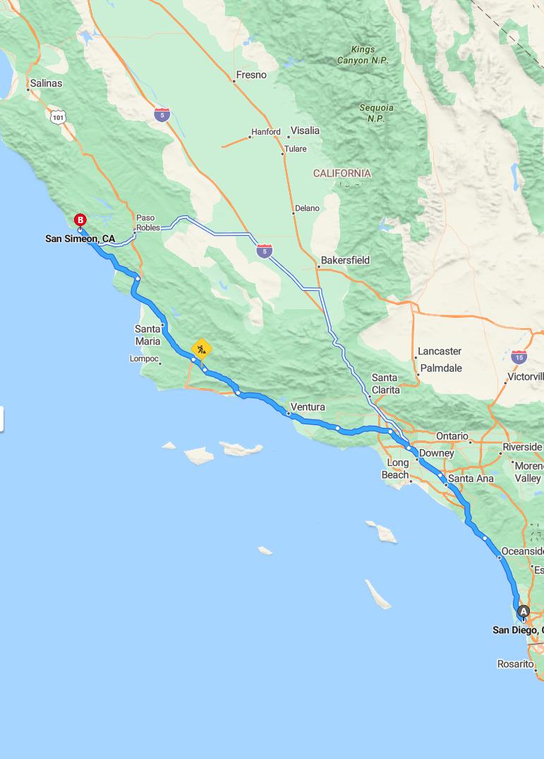 driving from San Diego, California to San SimeonCalifornia - map and route
