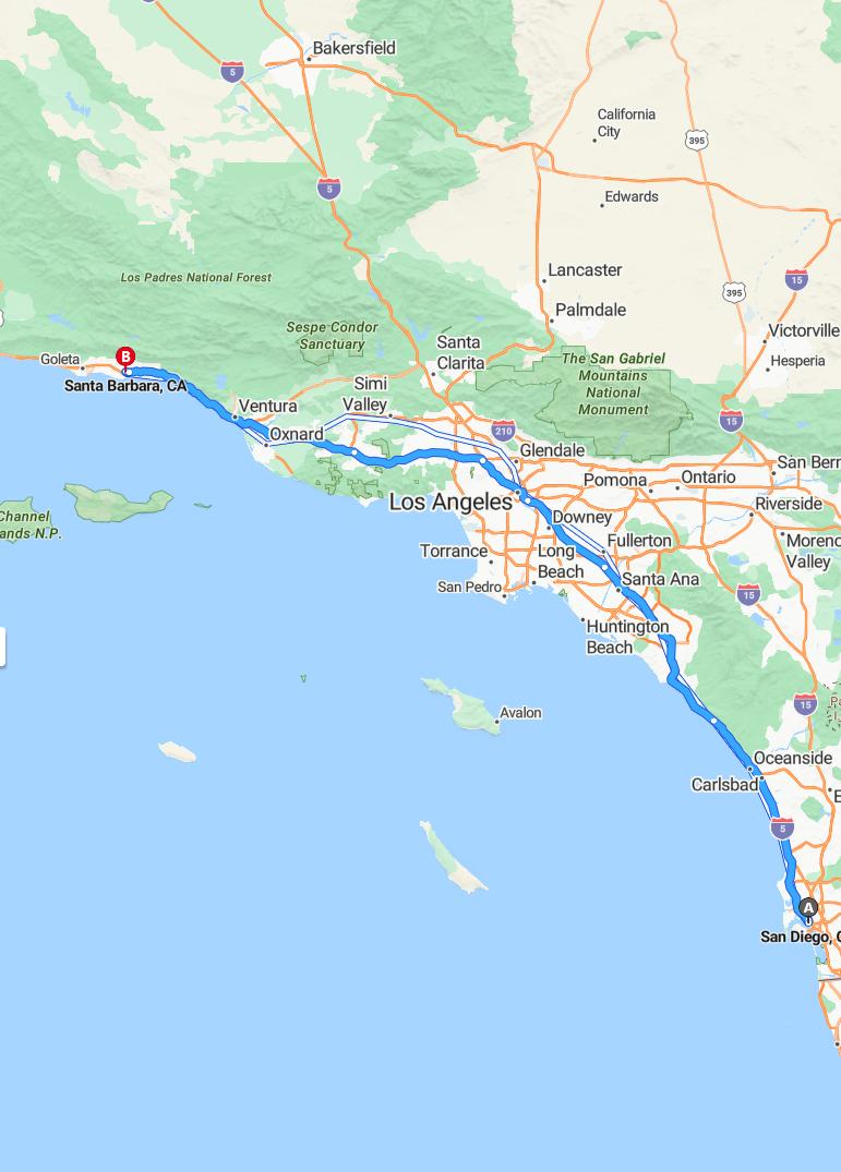 driving from San Diego, California to Santa BarbaraCalifornia - map and route