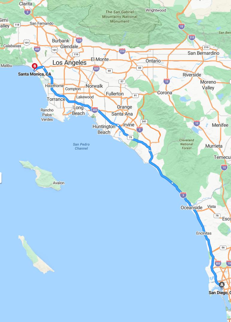 driving from San Diego, California to Santa MonicaCalifornia - map and route