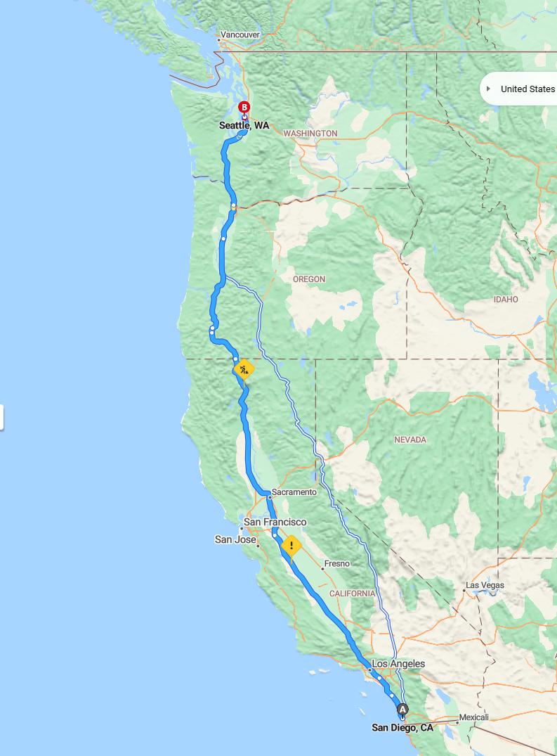 driving from San Diego, California to SeattleWashington - map and route
