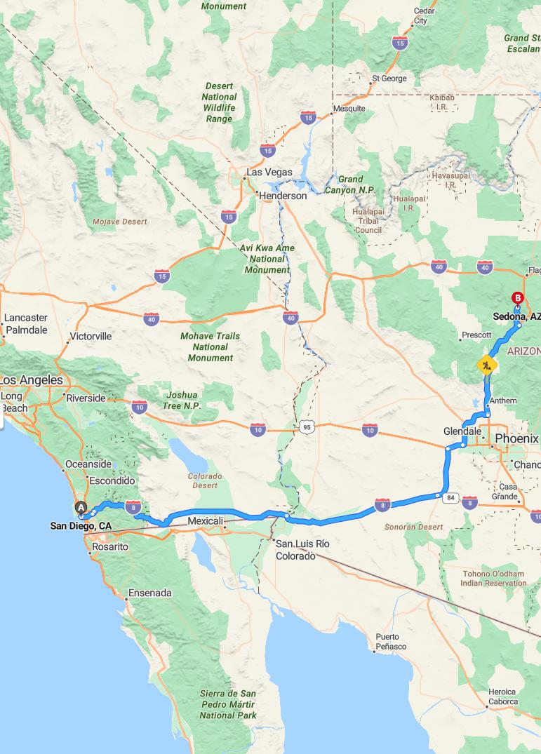 driving from San Diego, California to SedonaArizona - map and route