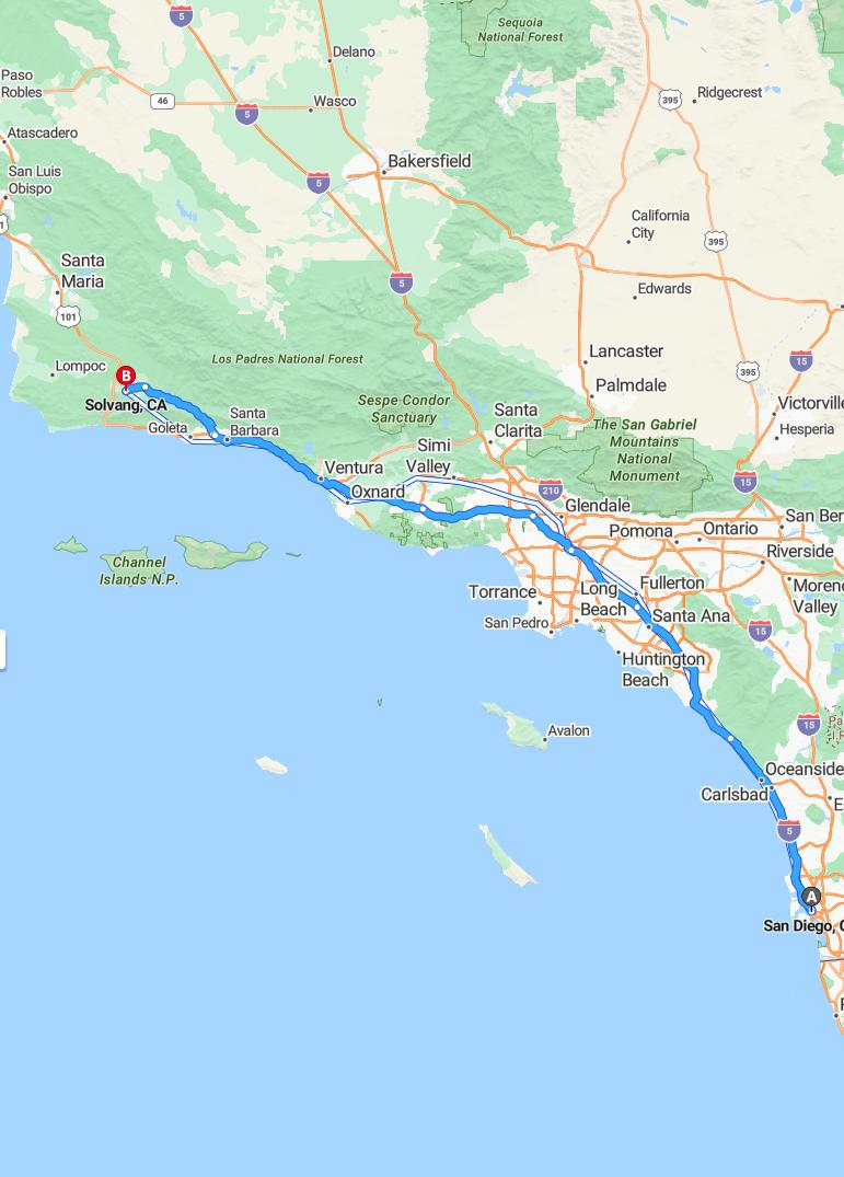 driving from San Diego, California to SolvangCalifornia - map and route