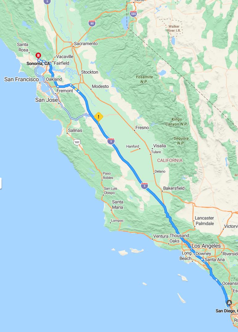 driving from San Diego, California to SonomaCalifornia - map and route