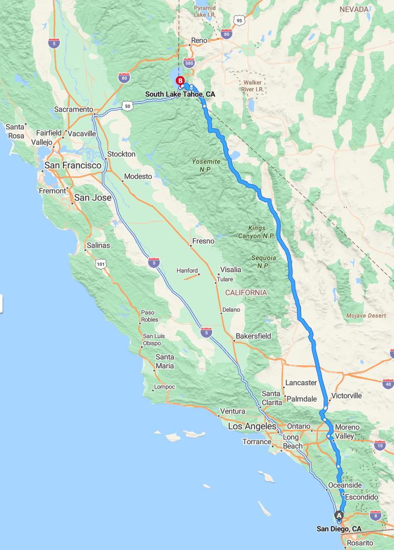 driving from San Diego, California to South Lake TahoeCalifornia - map and route