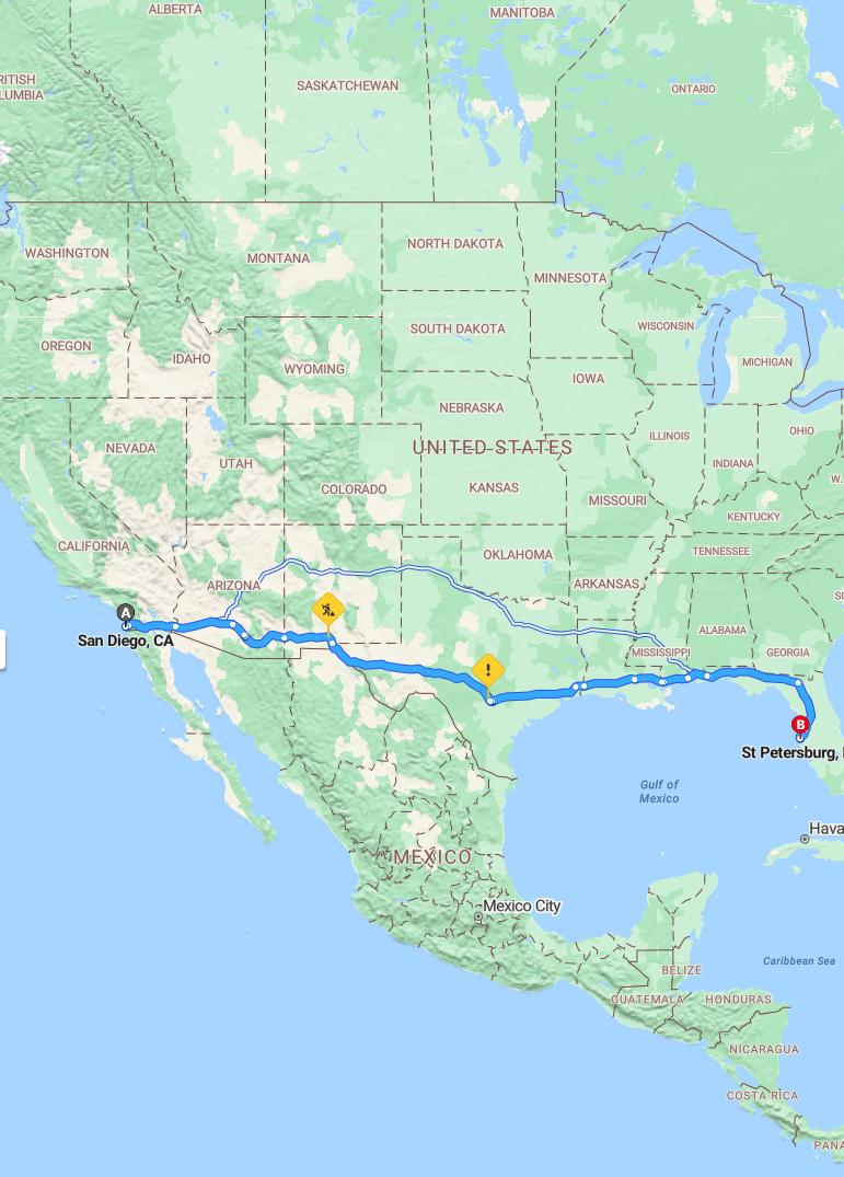 driving from San Diego, California to St. PetersburgFlorida - map and route