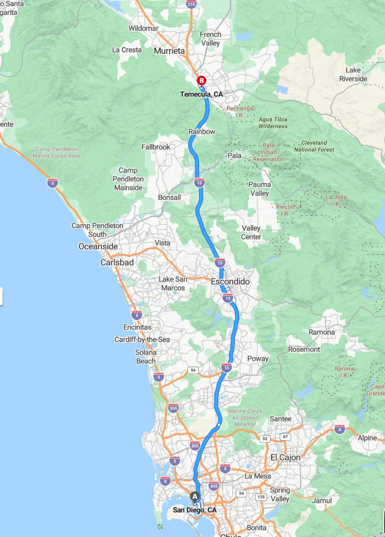 driving from San Diego, California to TemeculaCalifornia - map and route