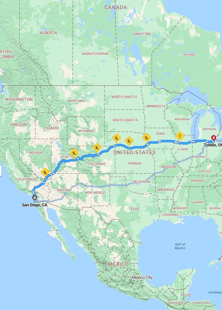 driving from San Diego, California to ToledoOhio - map and route
