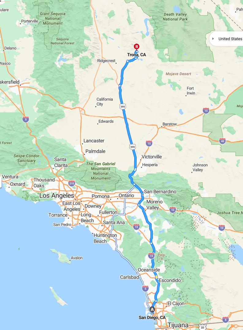 driving from San Diego, California to TronaCalifornia - map and route