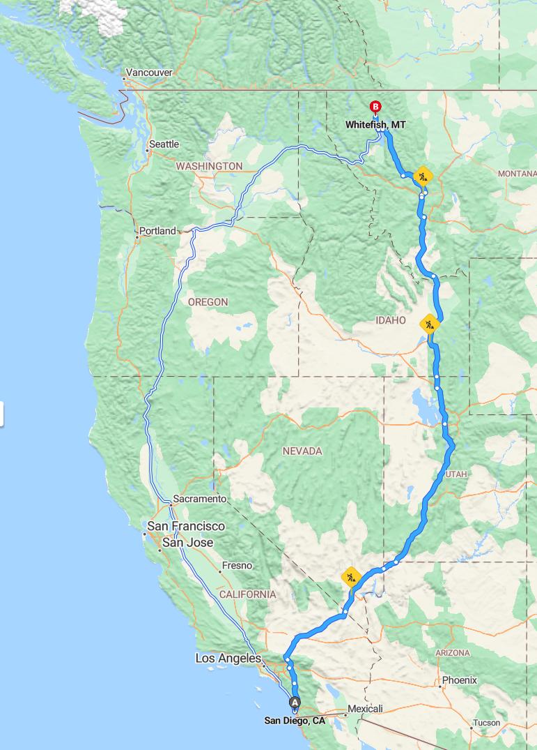 driving from San Diego, California to WhitefishMontana - map and route