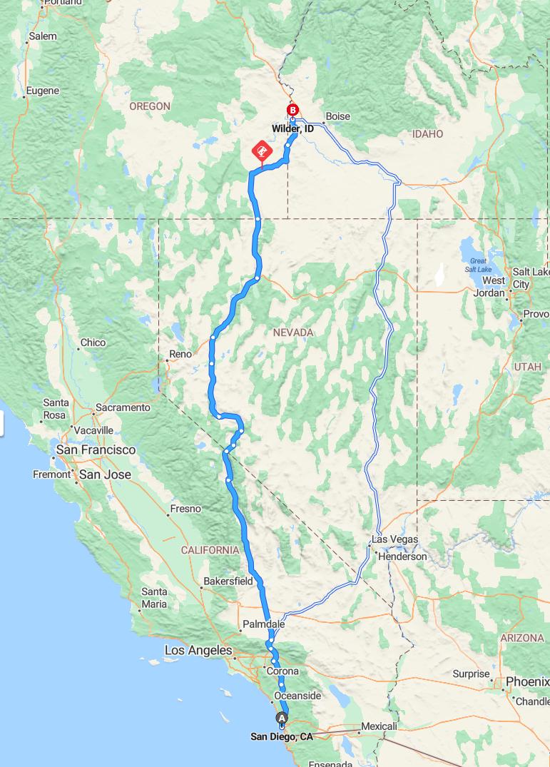 driving from San Diego, California to WilderIdaho - map and route