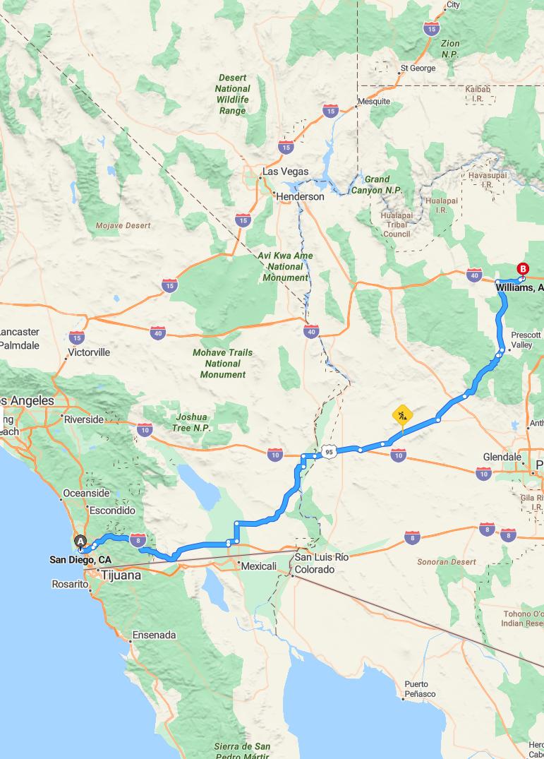 driving from San Diego, California to WilliamsArizona - map and route