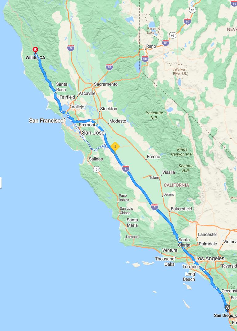 driving from San Diego, California to WillitsCalifornia - map and route