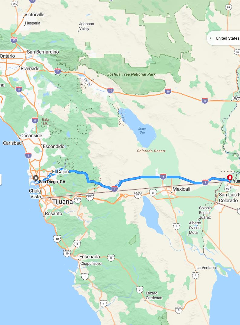 driving from San Diego, California to YumaArizona - map and route