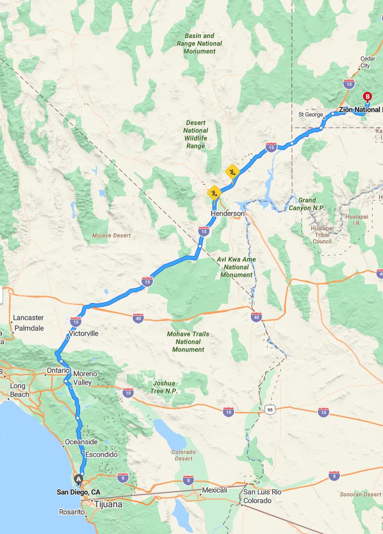 driving from San Diego, California to Zion National ParkUtah - map and route