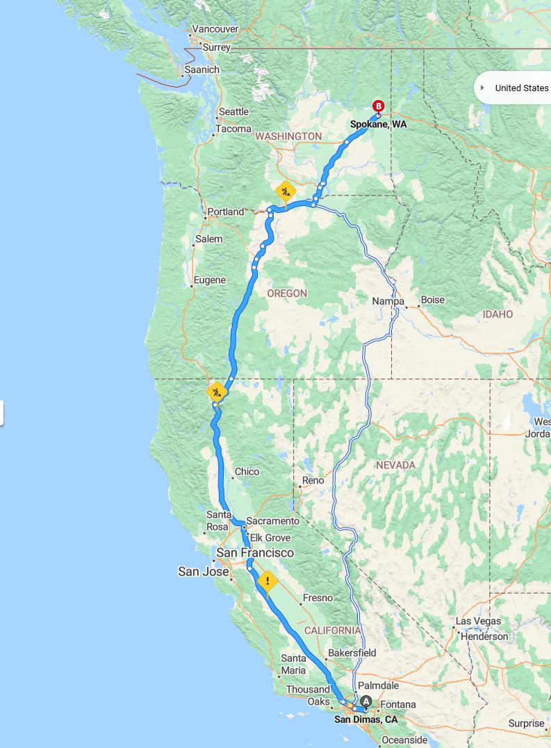 driving from San Dimas, California to SpokaneWashington - map and route