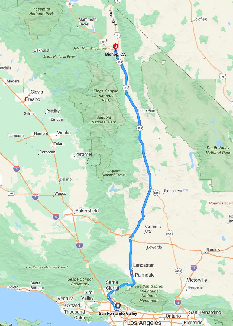 driving from San Fernando Valley, California to BishopCalifornia - map and route