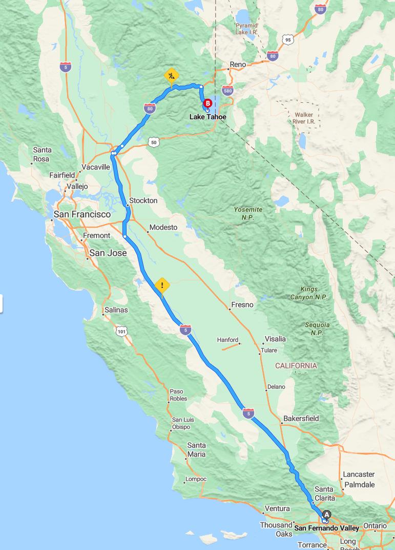 driving from San Fernando Valley, California to Lake TahoeCalifornia - map and route