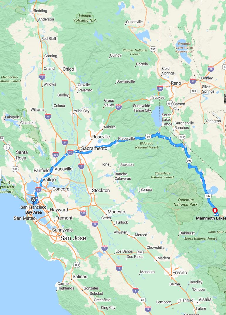driving from San Francisco Bay Area, California to Mammoth LakesCalifornia - map and route