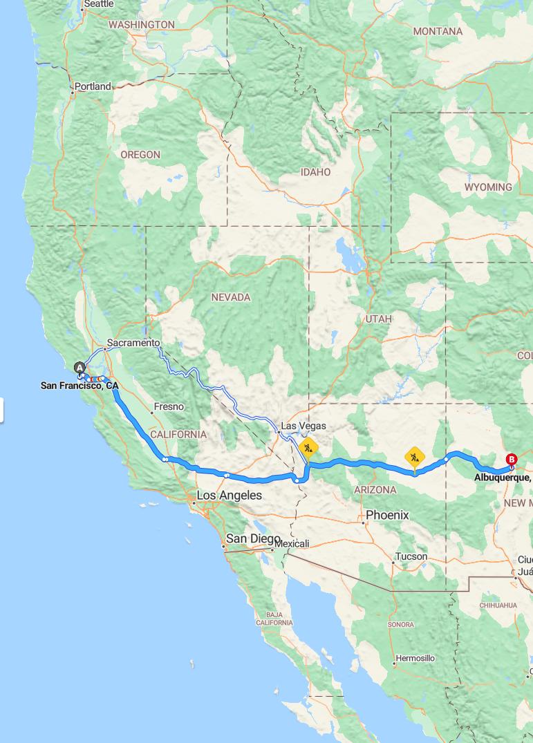 driving from San Francisco, California to AlbuquerqueNew Mexico - map and route