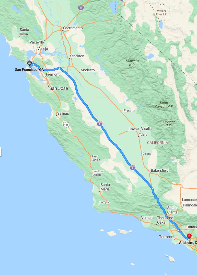 driving from San Francisco, California to AnaheimCalifornia - map and route