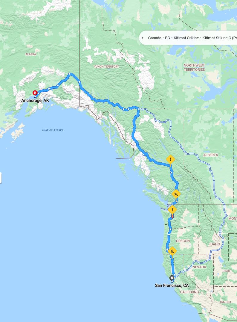 driving from San Francisco, California to AnchorageAlaska - map and route