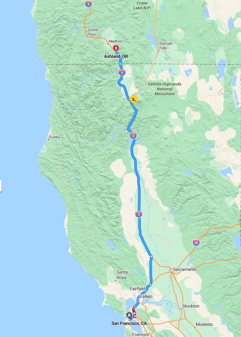 driving from San Francisco, California to AshlandOregon - map and route