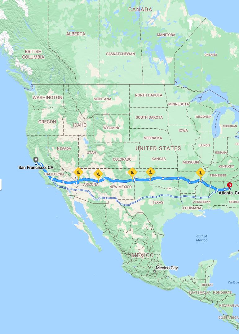 driving from San Francisco, California to AtlantaGeorgia - map and route