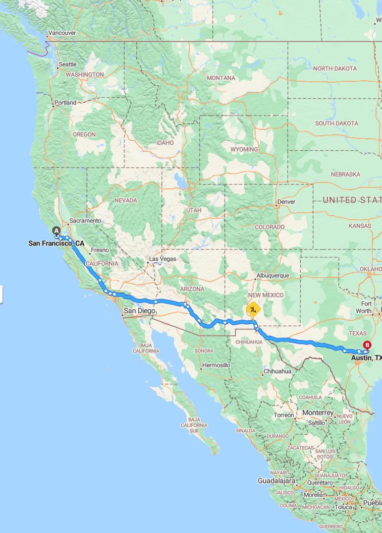 driving from San Francisco, California to AustinTexas - map and route