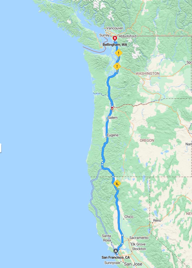 driving from San Francisco, California to BellinghamWashington - map and route