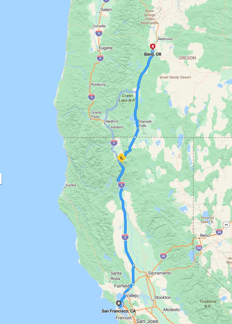 driving from San Francisco, California to BendOregon - map and route
