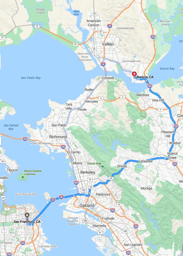 driving from San Francisco, California to BeniciaCalifornia - map and route