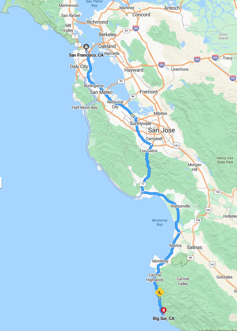 driving from San Francisco, California to Big SurCalifornia - map and route