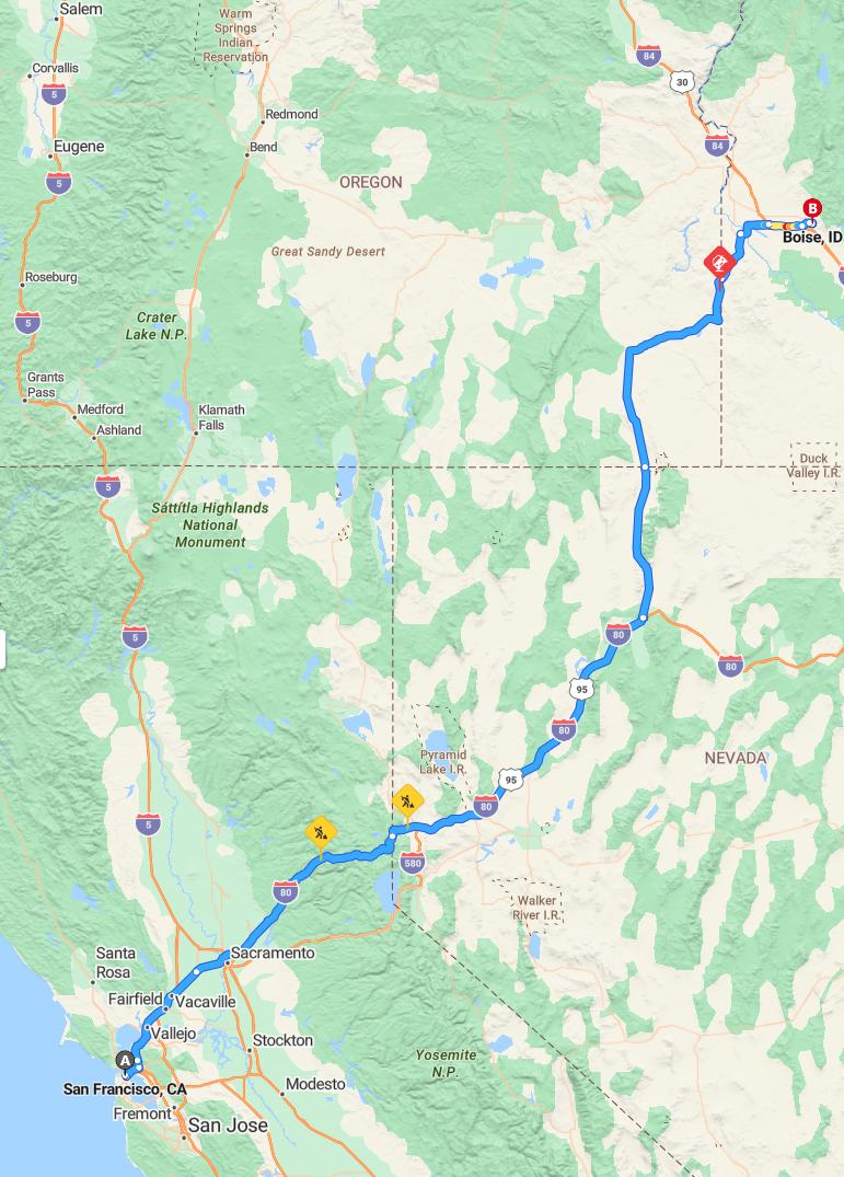 driving from San Francisco, California to BoiseIdaho - map and route