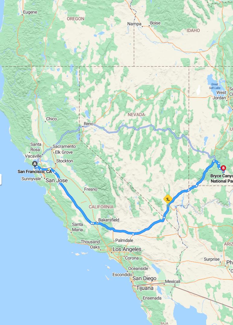 driving from San Francisco, California to Bryce CanyonUtah - map and route
