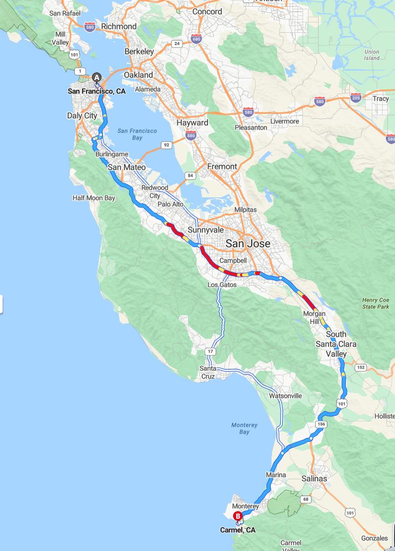 driving from San Francisco, California to Carmel by the SeaCalifornia - map and route