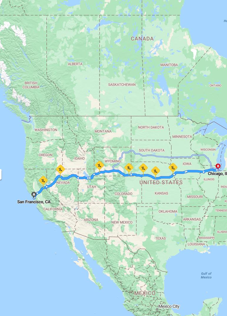 driving from San Francisco, California to ChicagoIllinois - map and route