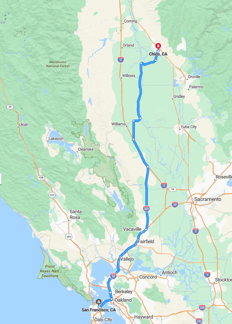 driving from San Francisco, California to ChicoCalifornia - map and route