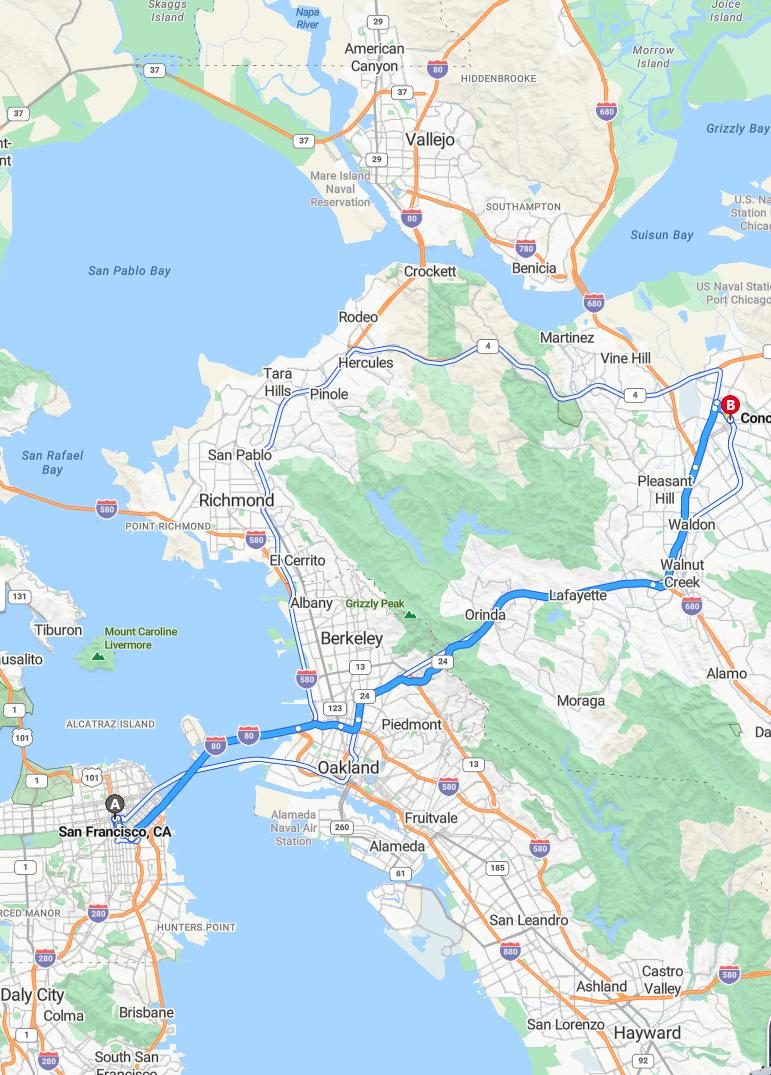 driving from San Francisco, California to ConcordCalifornia - map and route