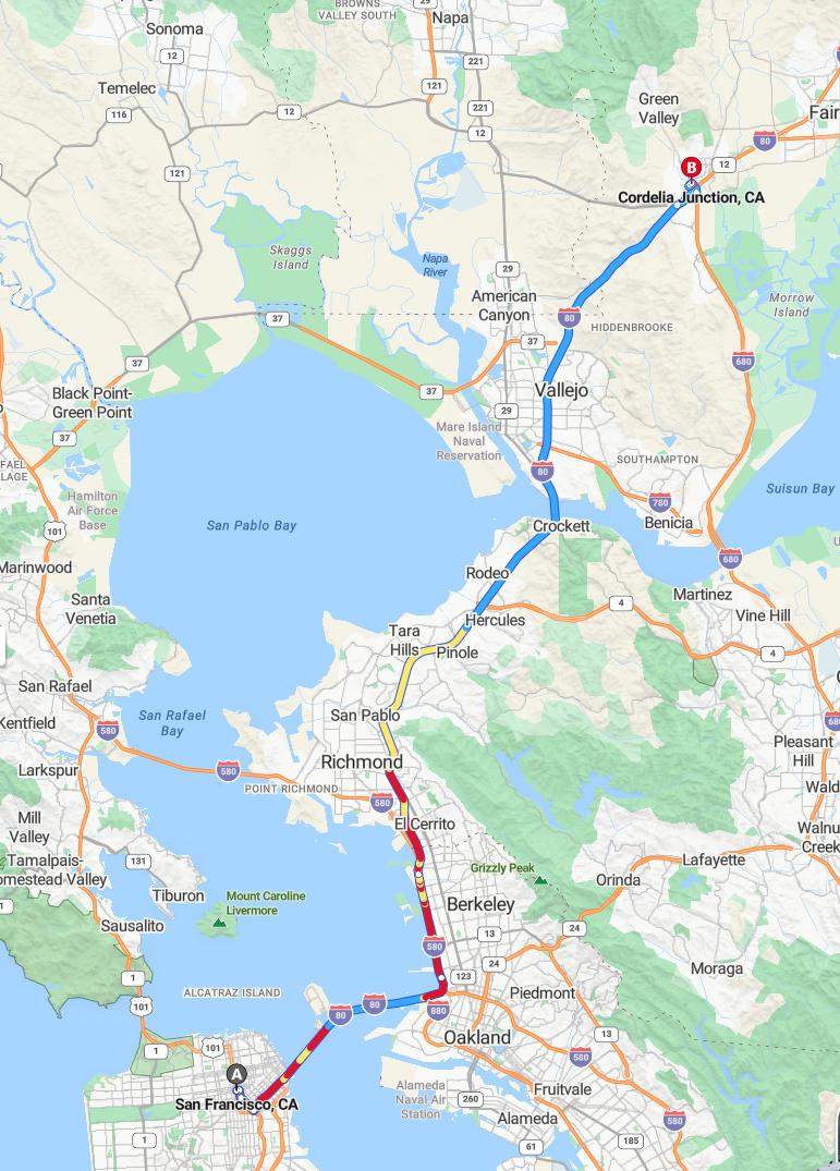driving from San Francisco, California to Cordelia JunctionCalifornia - map and route