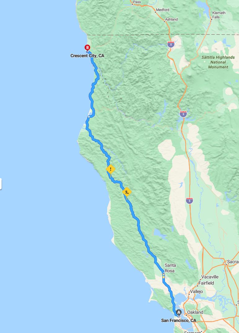 driving from San Francisco, California to Crescent CityCalifornia - map and route