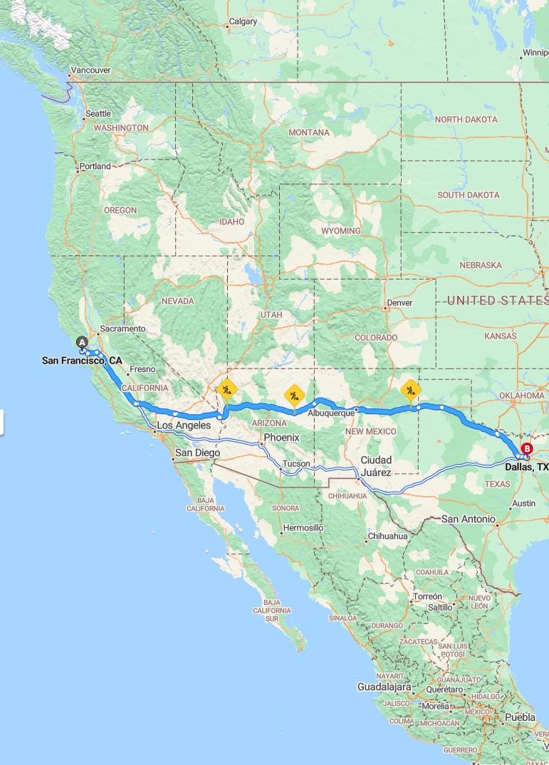 driving from San Francisco, California to DallasTexas - map and route