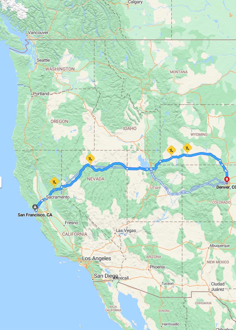 driving from San Francisco, California to DenverColorado - map and route