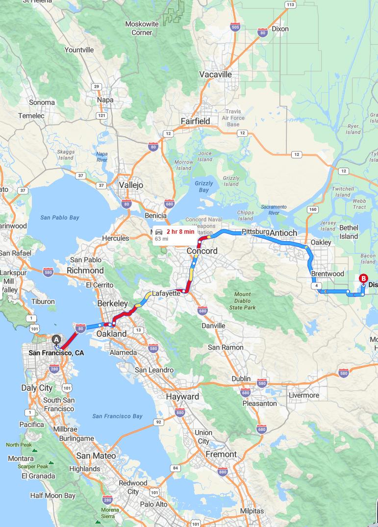 driving from San Francisco, California to Discovery BayCalifornia - map and route
