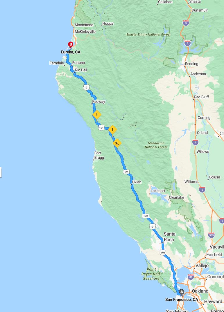 driving from San Francisco, California to EurekaCalifornia - map and route
