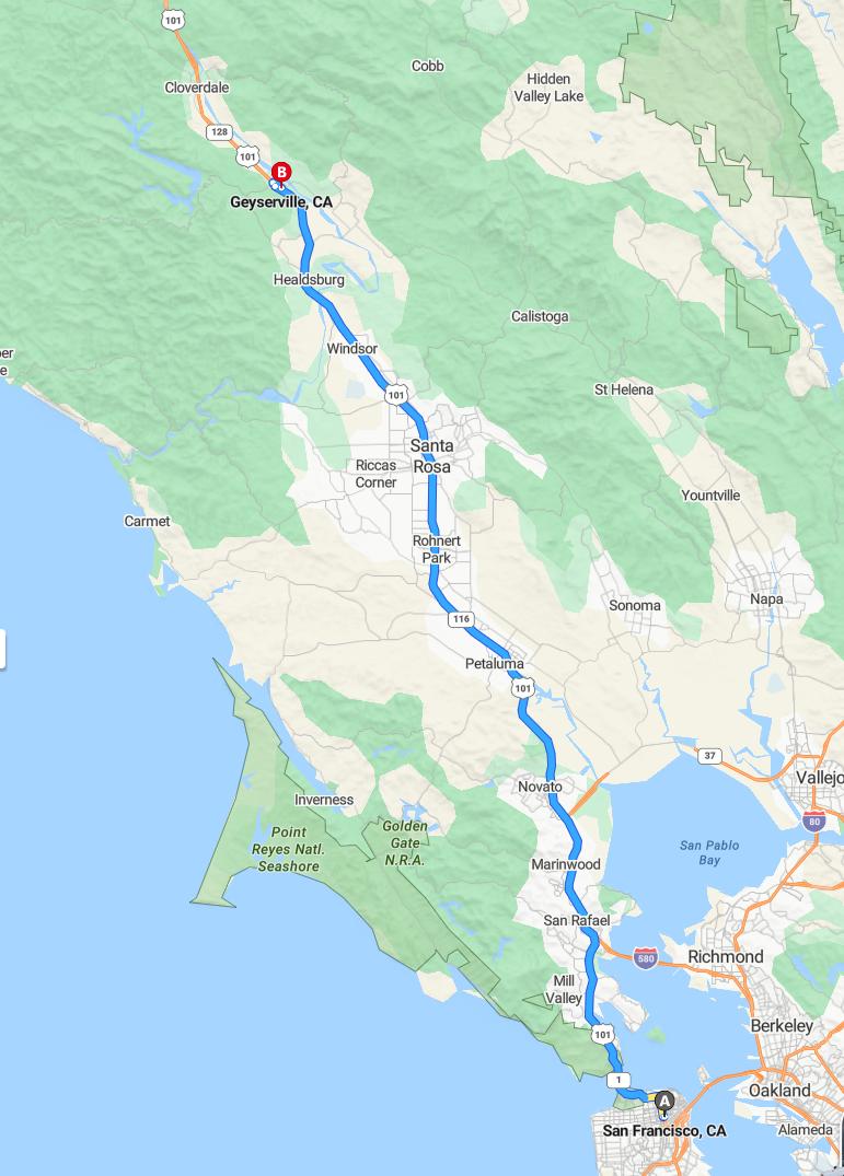 driving from San Francisco, California to GeyservilleCalifornia - map and route