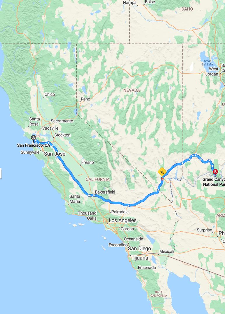 driving from San Francisco, California to Grand CanyonArizona - map and route