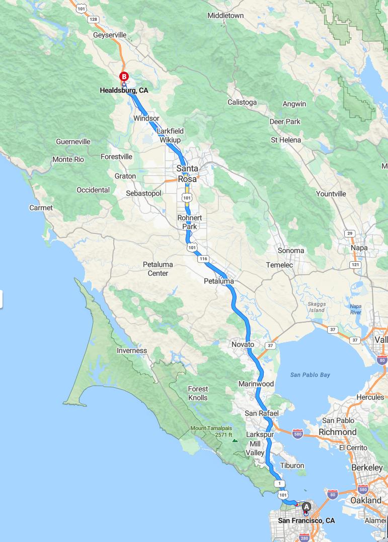 driving from San Francisco, California to HealdsburgCalifornia - map and route