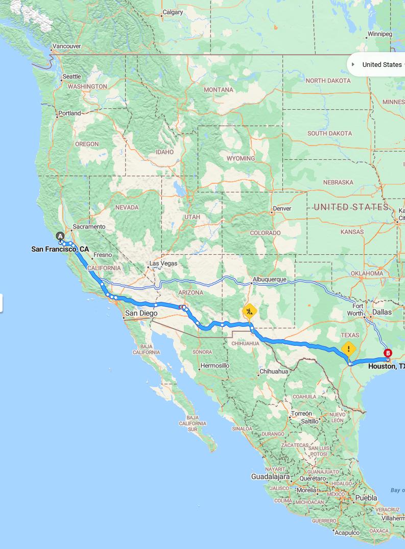 driving from San Francisco, California to HoustonTexas - map and route