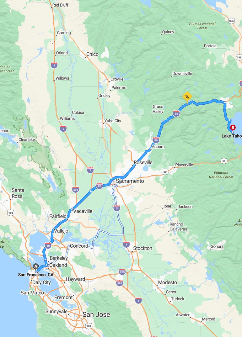 driving from San Francisco, California to Lake TahoeCalifornia - map and route
